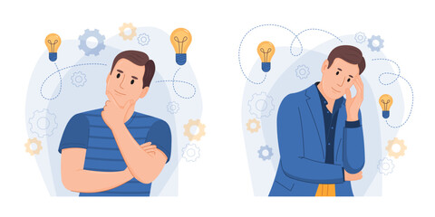 Illustration of brainstorming and man.Businessman coming up with creative ideas. Vecter Illustration in flat style. Set of concepts.