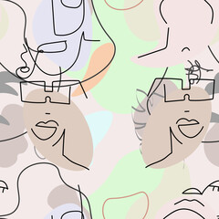 One line drawing. Abstract face seamless pattern.
