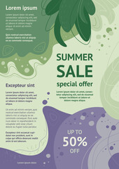 Abstract summer sale frame. Purple, green, lilac abstract background. Template, banner, flyer for your design. Vector illustration in flat style.