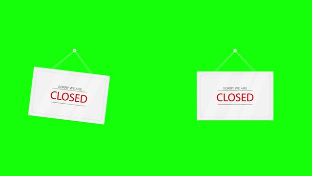 Sorry we are closed. White signboard with shadow is swinging animation on a green chroma key background. Red text sign board hanging door. Motion graphic video