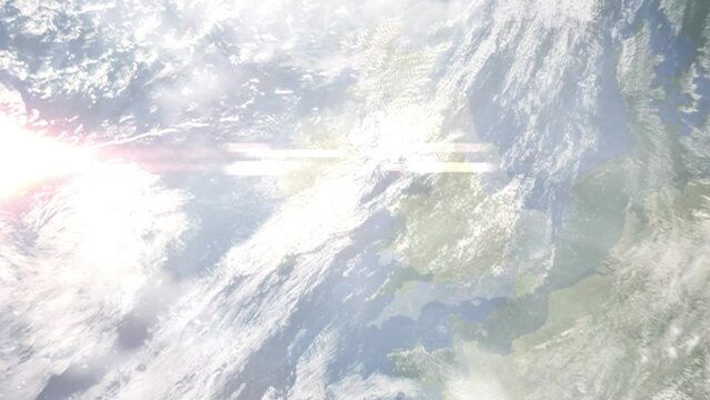 Earth zoom in from outer space to city. Zooming on Bray, Wicklow, Ireland. The animation continues by zoom out through clouds and atmosphere into space. Images from NASA