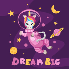 Fototapeta na wymiar Cute unicorn astronaut in pink suit flying in open space. Character exploring universe with planets, stars for greeting card or invitation with slogan. Cartoon vector flat illustration.