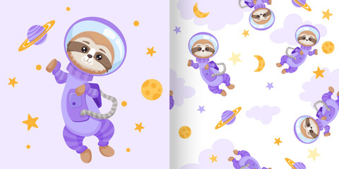 Seamless pattern with Baby Sloth astronaut in the open space on light white background for children wallpaper textile print or for nursery design. Vector cartoon illustration