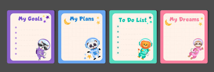 Fototapeta na wymiar Kids stationery set with memo planners, to-do lists with cute astronaut animals in space suits, template for planning, day agenda, checklists. Vector flat illustration with colorful design