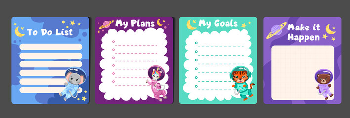 Kids stationery set with memo planners, to-do lists with cute astronaut animals in space suits, template for planning, day agenda, checklists. Vector flat illustration with colorful design