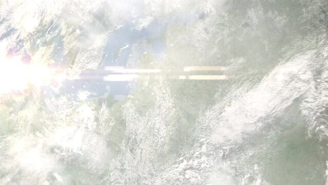 Earth zoom in from outer space to city. Zooming on Jonava, Lithuania. The animation continues by zoom out through clouds and atmosphere into space. Images from NASA