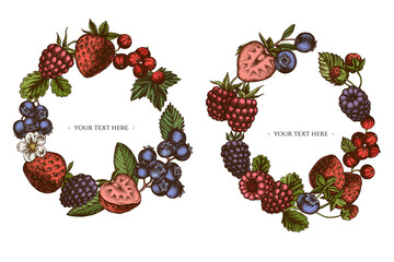 Wreath design with colored strawberry, blueberry, red currant, raspberry, blackberry