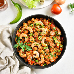 Creole jambalaya with chicken, smoked sausages and vegetables