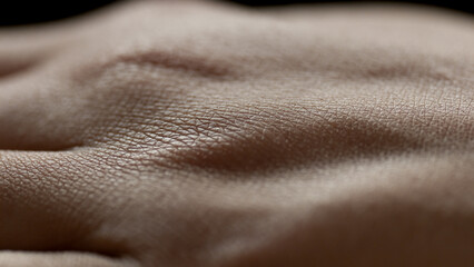 Fototapeta premium Macro shot of knuckles of young African American female model on black background | Skin texture shot for skincare cosmetics commercial