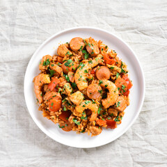 Jambalaya with chicken, smoked sausages and vegetables