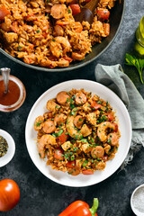 Creole jambalaya with chicken, smoked sausages and vegetables