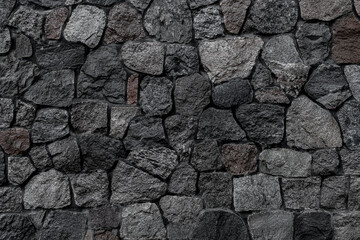 Beautiful background and texture of granite stone wall surface with masonry of stones of various shapes and shades