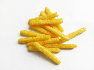 appetizing crispy salty snacks on a white background