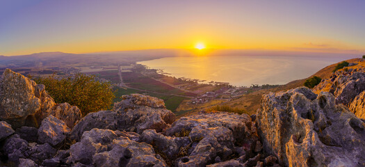 Sunrise panorama of the Sea of Galilee, from Mount Arbel