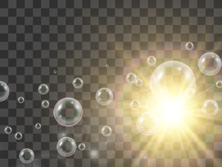 Air soap bubbles on a transparent background .Vector illustration of bulbs.	
