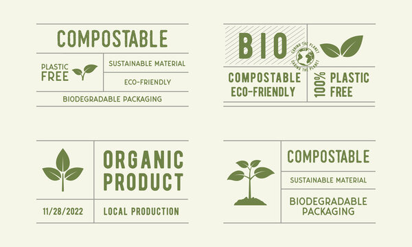 Organic, Bio labels set. Biodegradable, compostable tags. Trendy vintage labels for organic products, restaurants, food stores and packaging. Vector illustration