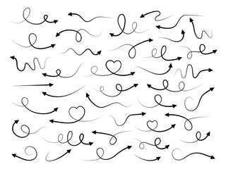 Arrows hand drawn style collection. Arrow doodle mark elements set. Vector isolated on white.