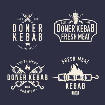 Doner Kebab vintage logo set. Kebab, Shawarma logo with skewer and fire isolated on black background. Vector illustration