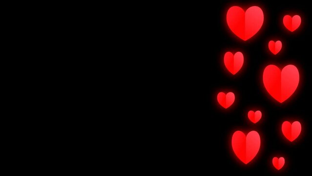 On a transparent background, red glowing hearts appear on the side, pulsate and disappear. Animation of hearts for the holiday with alpha channel.