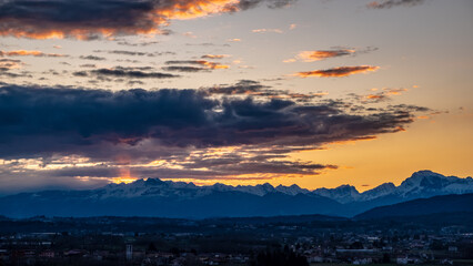Winter colorful sunset in the countryside of Friuli-Venezia Giulia, Italy