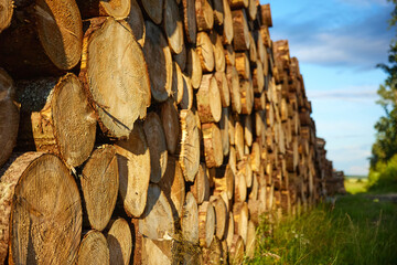 Forest pine and spruce trees. Log trunks pile, the logging timber wood industry. Wide banner or panorama wooden trunks.