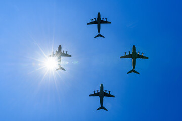 FRANCE - PARIS - FLAYPAST- Four A400M Atlas in the sky of Paris during the rehearsal for Bastille Day.