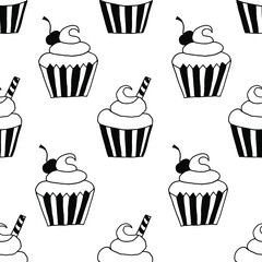 Seamless pattern with cherry cupcakes and sugar tube. Beautiful background with cupcakes.