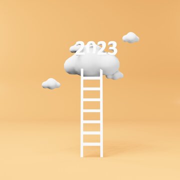 New year 2023 concept. 3d render illustration of ladder or staircase to the cloud and 2023 number.