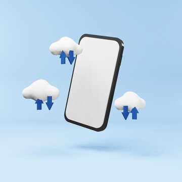 Cloud computing and device concept. 3d render illustration of mobile phone, cloud and arrow represent upload and download data.