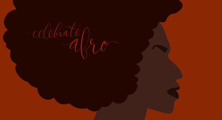 African american woman side view portrait. Celebrate afro handwritten lettering vector