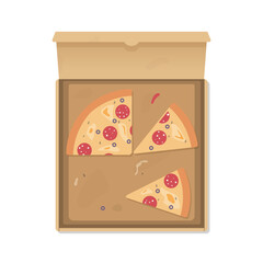 Opened pizza cardboard box with realistic pizza slices. Pizza leftovers after eating. Slices pizza with salami, mushrooms and olives with cheese. Vector pizza box with spots and food leftovers.