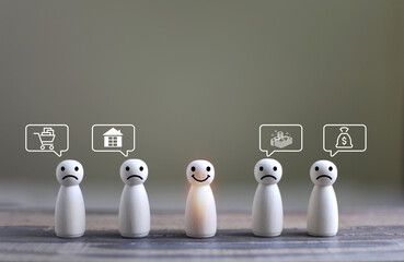 Happy or cheerful wooden doll with smile facial expression. Concept of positive thinking energy, good mind or mindset and optimistic. Self love or wellbeing conceptual