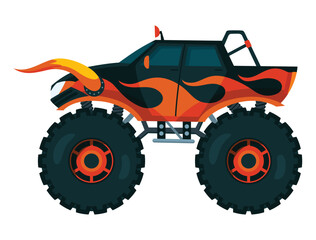 Monster truck. Bright colorful cartoon auto with big wheels. Heavy car with large tires and black tinted windows. Isolated rally 4x4 computer or mobile game © designer_things