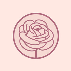 Illustration of rose flower. Round emblem of rosebud. Contour vector illustration for cosmetics, perfumeries, logo and badge.