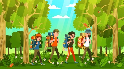 Group of tourists with backpacks in a green forest. Men and woman hiking in the forest. Vector illustration.