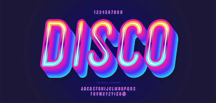 Vector disco font 3d bold style modern typography. Cool vintage typeface for decoration, logotype, poster, t shirt, book, card, sale banner, printing on fabric, industrial. Trendy alphabet. 10 eps