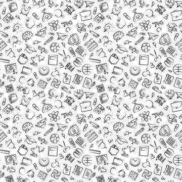 Education and school pattern with hand drawn line icons school supplies on checkered background. Vector Illustration