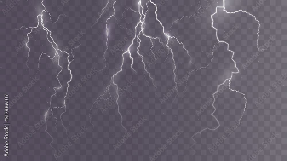 Poster Light white isolated vector lightning png. Magic light abstract lines. Realistic natural lightning effects.