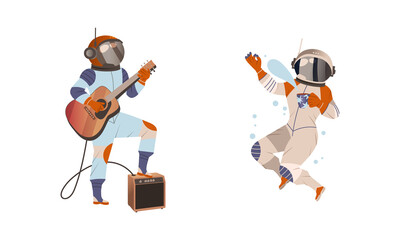 Spaceman or Astronaut Man Character in Space Suit Splashing Tea from Mug and Playing Electric Guitar Vector Set