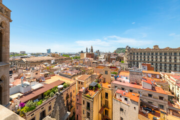 View from the rooftop terrace of the Basilica de Santa Maria del Mar of the Gothic Quarter...