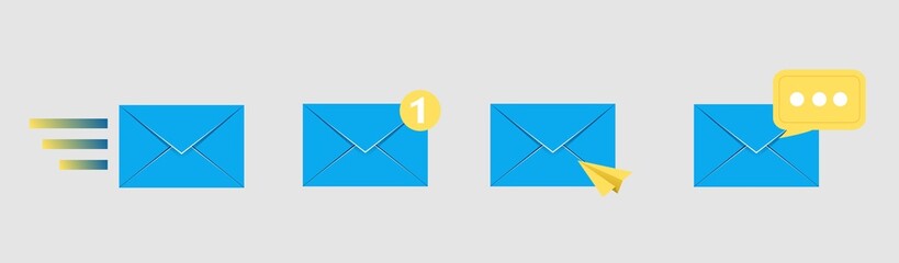 mail envelope icon set with marker new message
 isolated on grey background. Render email notification
 with letters, check mark, paper plane and magnifying glass.
 realistic vector