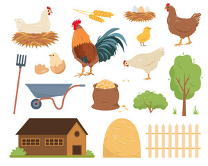 Chicken farm. Hens, rooster and baby chicks, farm and incubator elements isolated on white background. Domestic bird icons vector illustration. © Елена Истомина