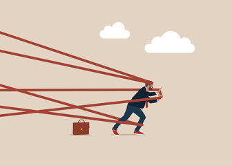 Man tied up with red tape trying to run away with full effort. Business difficulty or struggle with career obstacle, limitation and trap or challenge to overcome to success concept.