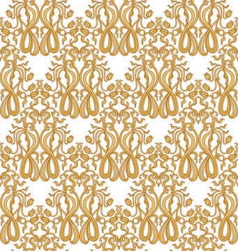 Vector damask seamless pattern from golden Art Nouveau scrolls, lily flowers, tulips leaf and floral elements on a white background