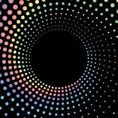 Rainbow pastel dot circle frame halftone on the black background. Vector illustration.