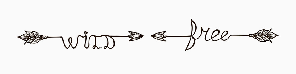 Arrow with wild and free hand calligraphi - wild, simple doodle drawing, gravure style