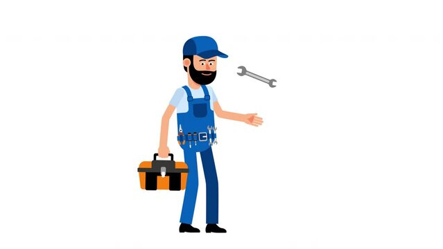 Master mechanic with wrench and tool box. Cartoon repairman. Looped animation.