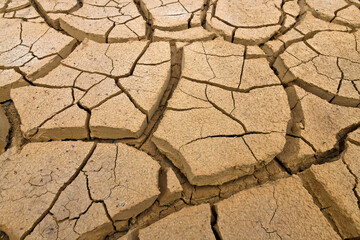 Parched soil with drying cracks // Ausgetrockneter Boden mit Trockenrissen - obrazy, fototapety, plakaty