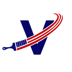 Letter V American Paint Logo Concept with Paint Brush Vector Template
