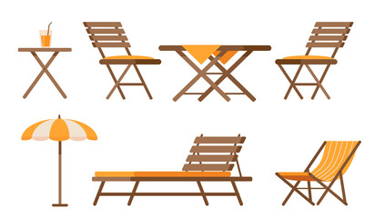 Set of furniture for summer patio. Restaurant or cafe wooden table, chairs, deck chair and umbrella for beach holiday. Vector illustration isolated on white background.